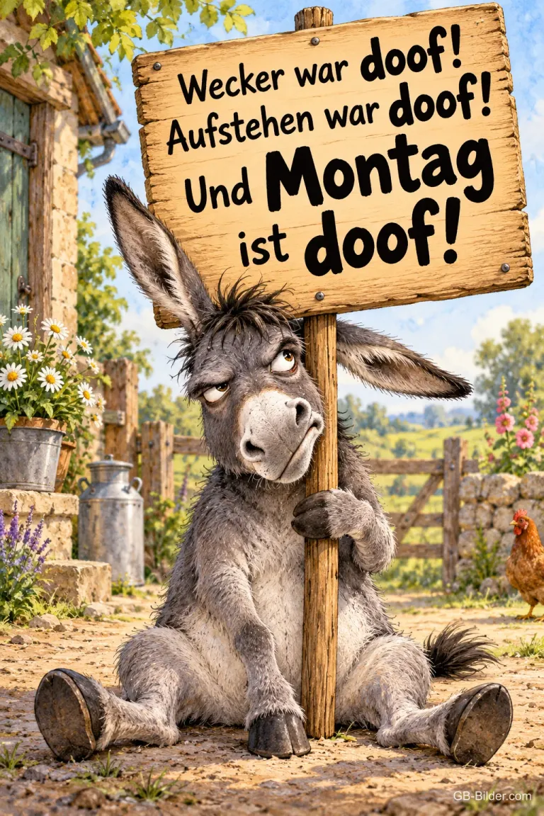 Mürrischer Esel sitzt mit einem Holzschild auf dem Bauernhof, Text: Wecker war doof! Aufstehen war doof! Und Montag ist doof!