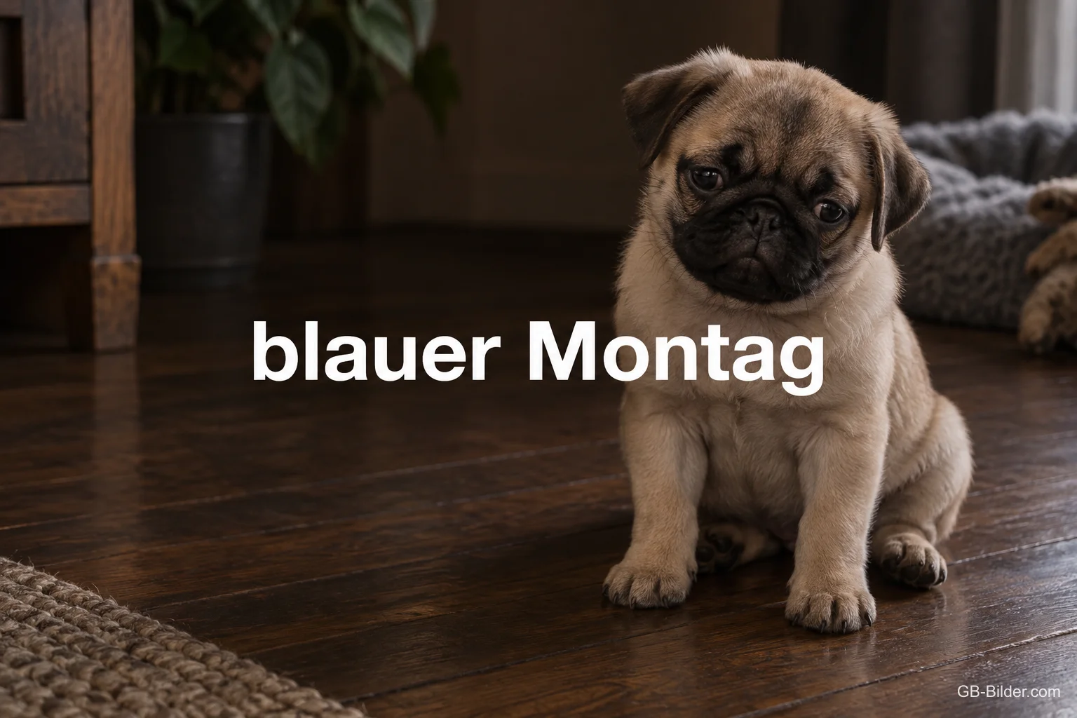 Mopswelpe sitzt auf einem Holzboden, Text: blauer Montag