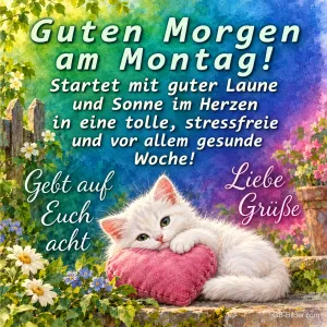 Weißes Kätzchen liegt auf einem rosa Herzkissen im Garten, Text: Guten Morgen am Montag! Startet mit guter Laune und Sonne im Herzen in eine tolle, stressfreie und vor allem gesunde Woche! Gebt auf Euch acht – Liebe Grüße