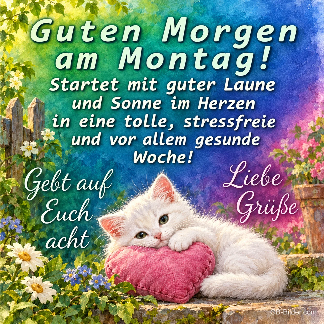Weißes Kätzchen liegt auf einem rosa Herzkissen im Garten, Text: Guten Morgen am Montag! Startet mit guter Laune und Sonne im Herzen in eine tolle, stressfreie und vor allem gesunde Woche! Gebt auf Euch acht – Liebe Grüße