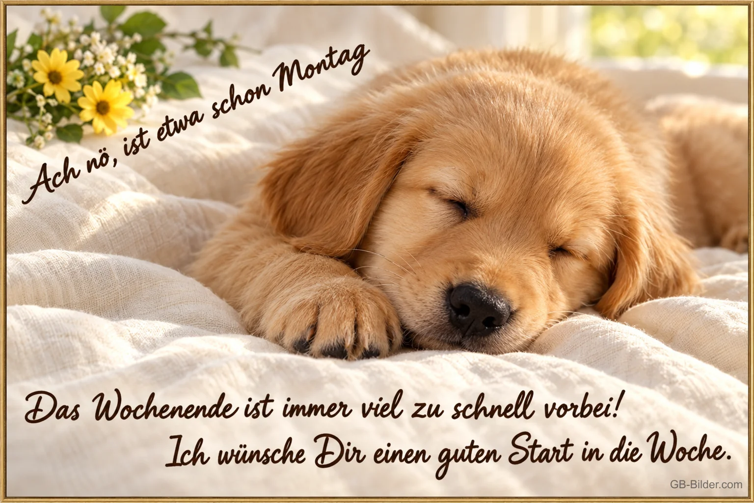 Golden-Retriever-Welpe schläft auf einer weißen Decke, Text: Ach nö, ist etwa schon Montag – Das Wochenende ist immer viel zu schnell vorbei! Ich wünsche Dir einen guten Start in die Woche.