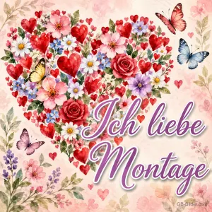 Herz aus Rosen, Blüten und Schmetterlingen, Text: Ich liebe Montage