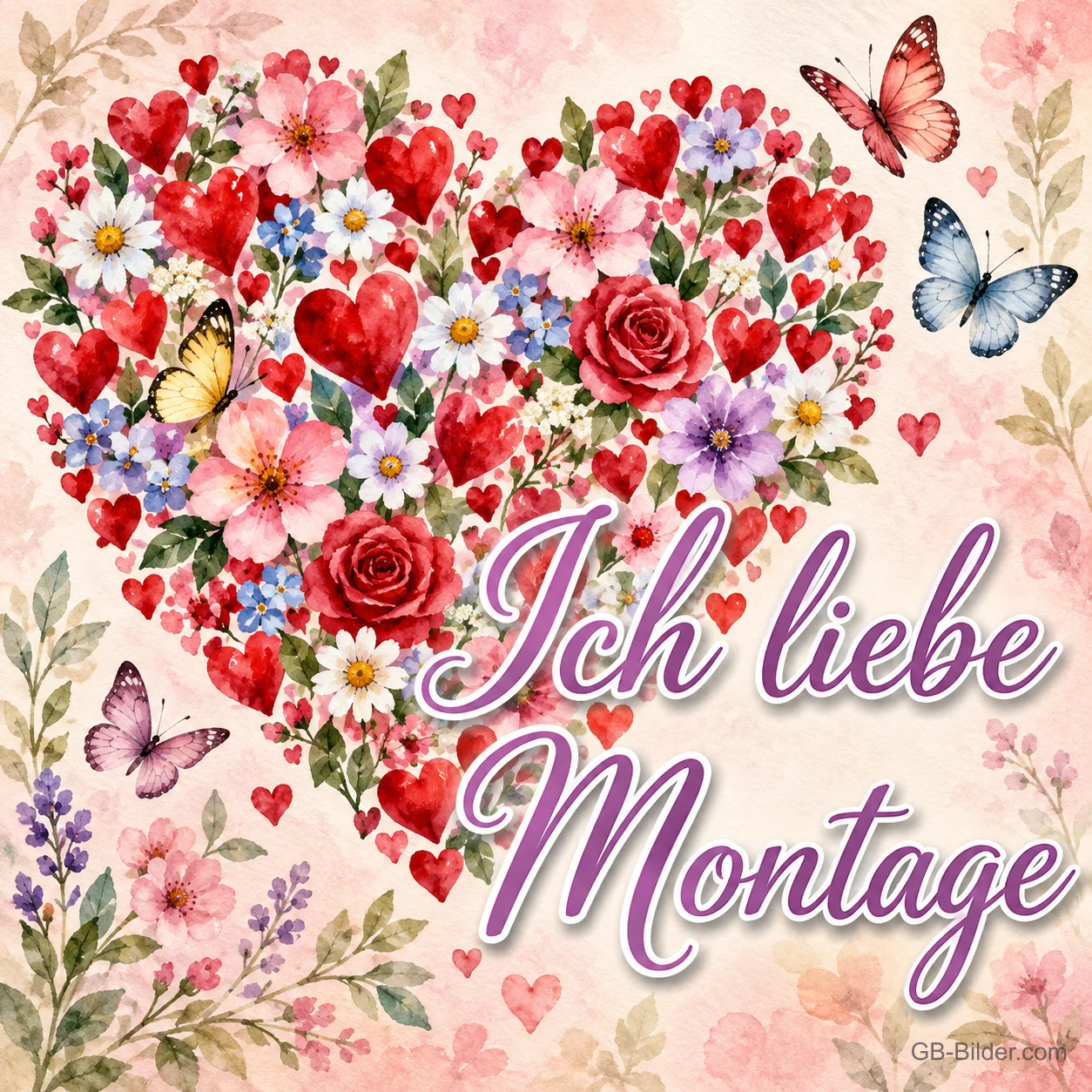 Herz aus Rosen, Blüten und Schmetterlingen, Text: Ich liebe Montage