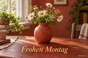 Rote Vase mit Margeriten auf einem Holztisch, Text: Frohen Montag