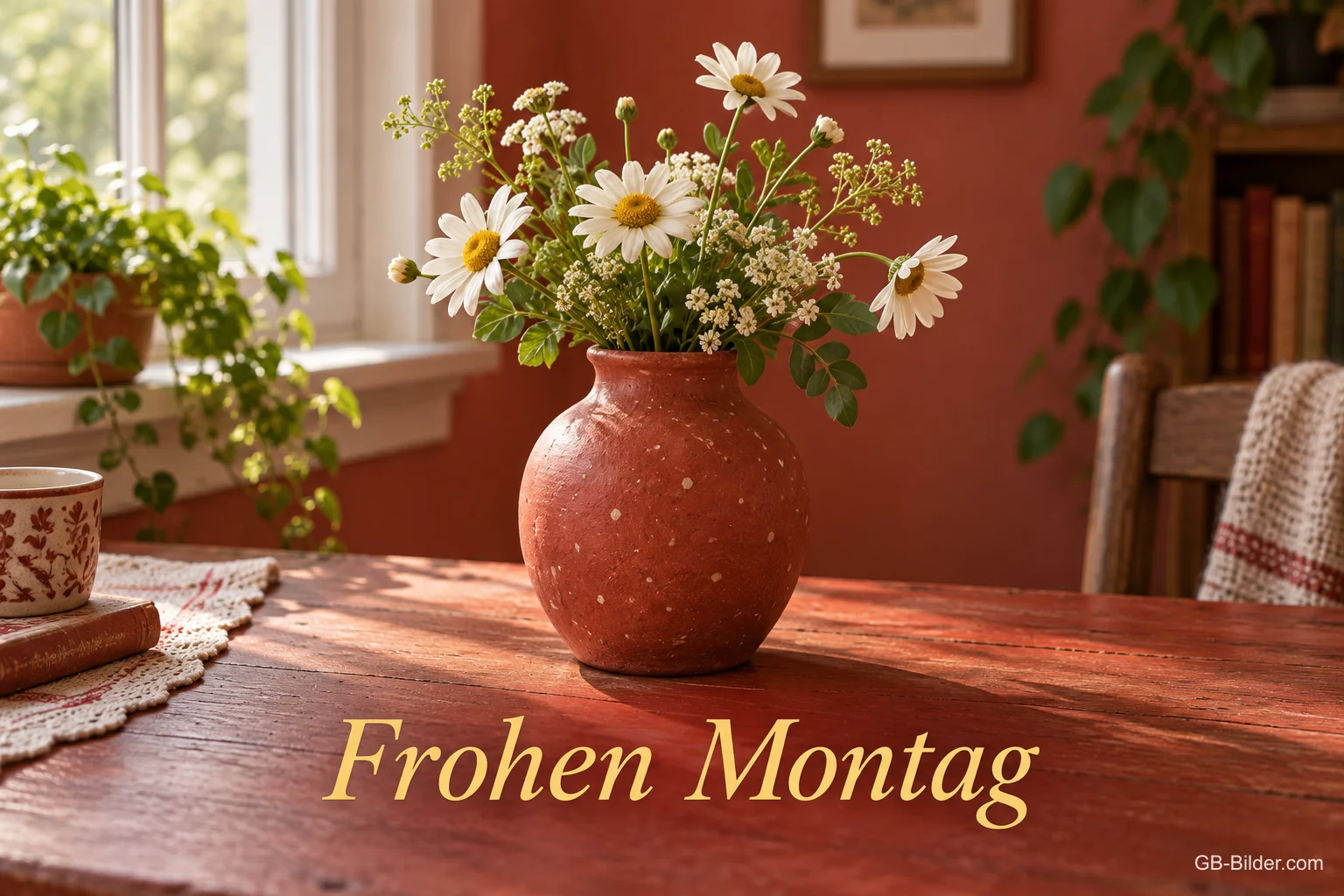 Rote Vase mit Margeriten auf einem Holztisch, Text: Frohen Montag