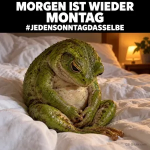 Frosch sitzt geknickt auf einem Bett, Text: MORGEN IST WIEDER MONTAG #JEDENSONNTAGDASSELBE
