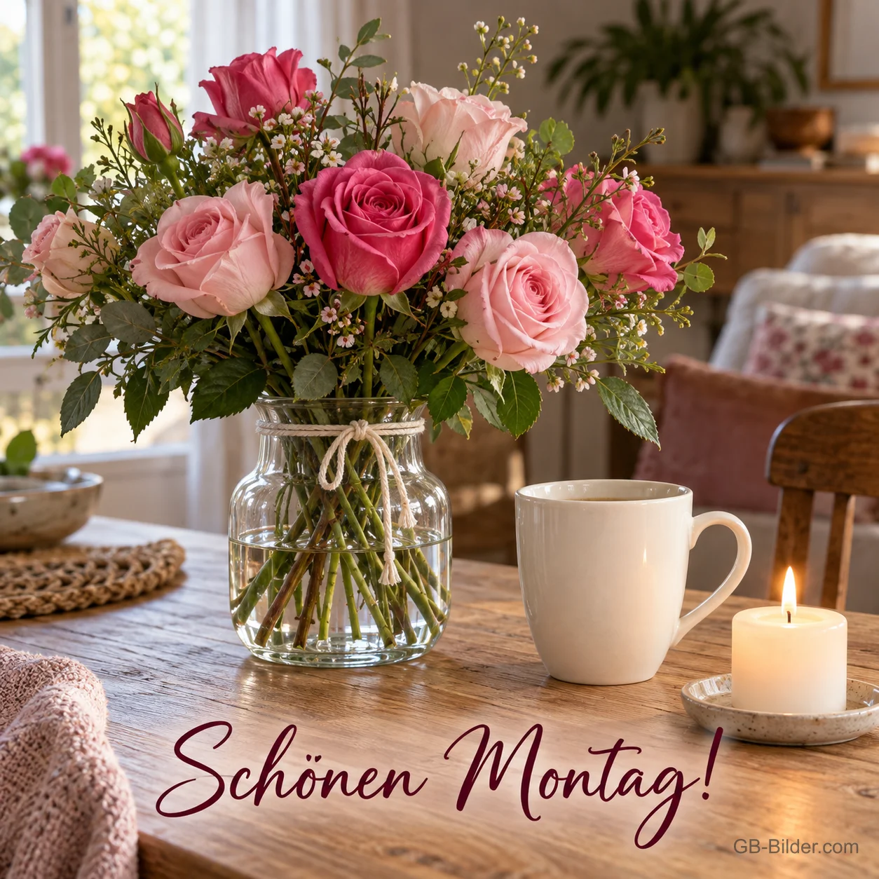 Rosa Rosen in einem Glas neben Tasse und Kerze, Text: Schönen Montag!