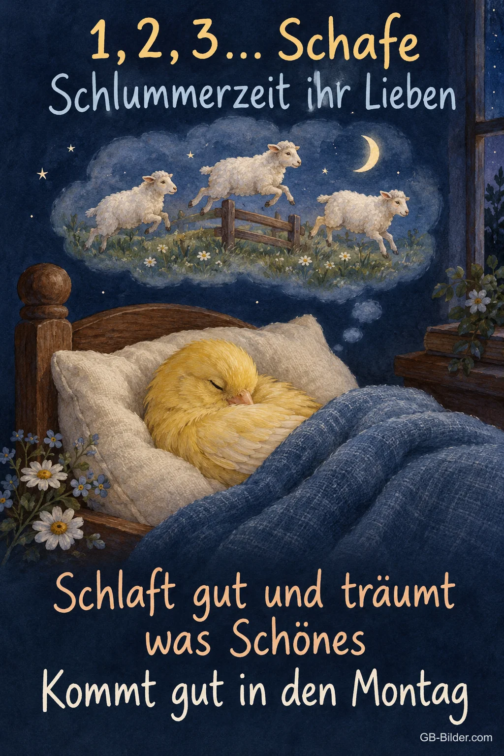 Gelbes Küken schläft im Bett und träumt von springenden Schafen, Text: 1, 2, 3… Schafe – Schlummerzeit ihr Lieben. Schlaft gut und träumt was Schönes. Kommt gut in den Montag