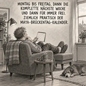 Mann liest im Sessel einen Kalender, daneben ein schlafender Hund, Text: MONTAG BIS FREITAG, DANN DIE KOMPLETTE NÄCHSTE WOCHE UND DANN FÜR IMMER FREI. ZIEMLICH PRAKTISCH DER MAYA-BRÜCKENTAG-KALENDER.