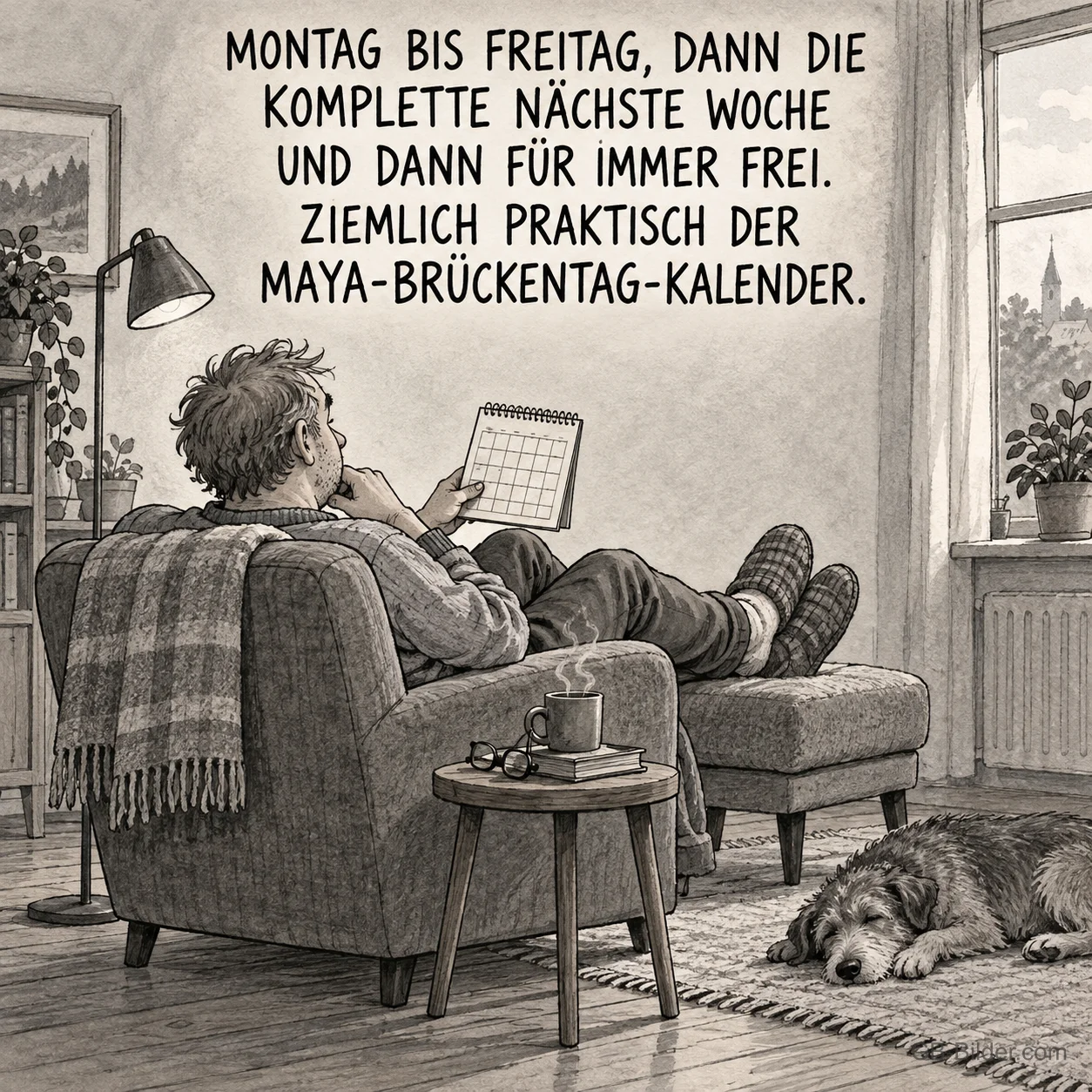 Mann liest im Sessel einen Kalender, daneben ein schlafender Hund, Text: MONTAG BIS FREITAG, DANN DIE KOMPLETTE NÄCHSTE WOCHE UND DANN FÜR IMMER FREI. ZIEMLICH PRAKTISCH DER MAYA-BRÜCKENTAG-KALENDER.