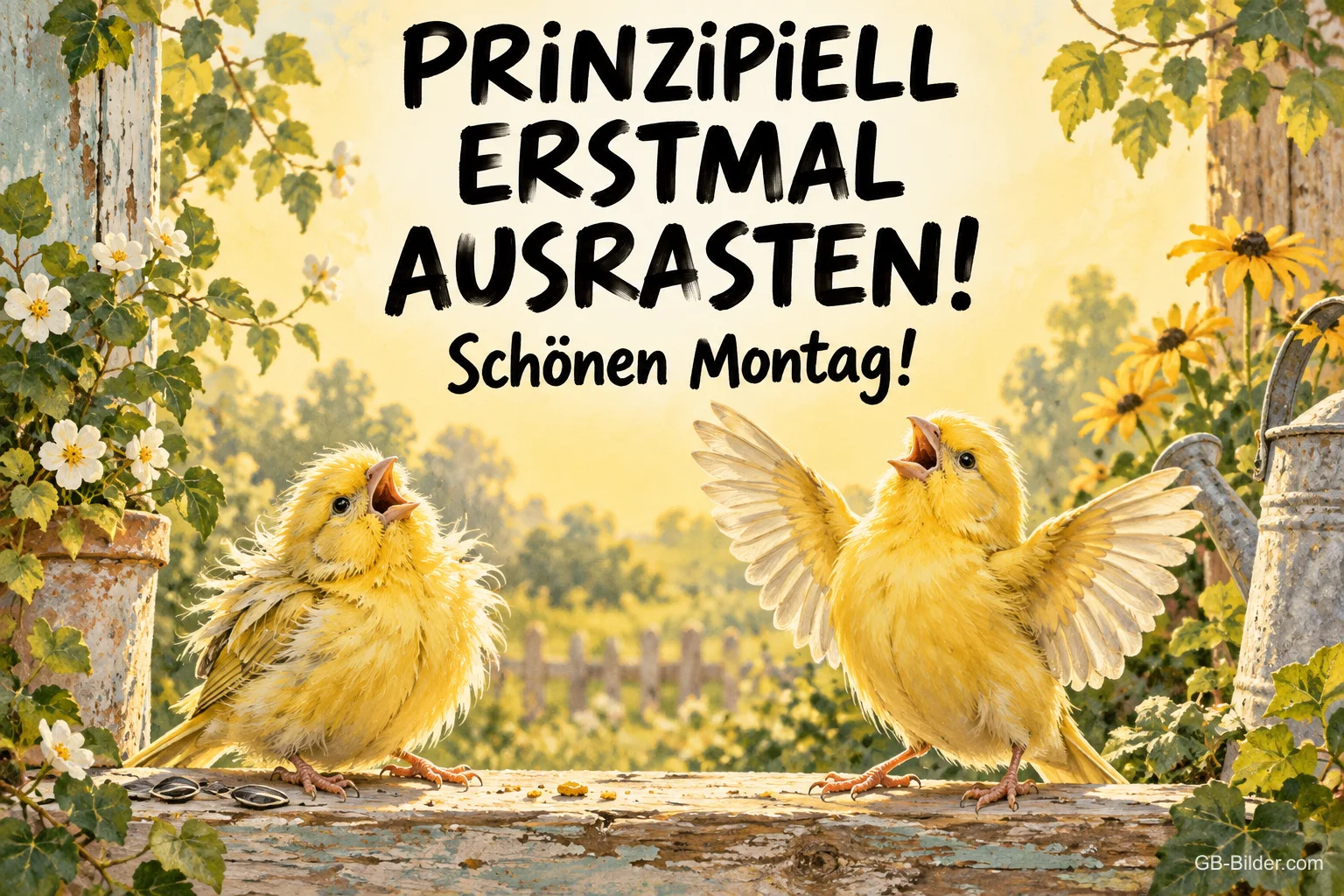 Zwei gelbe Kanarienvögel flattern aufgeregt im Garten, Text: PRINZIPIELL ERSTMAL AUSRASTEN! Schönen Montag!