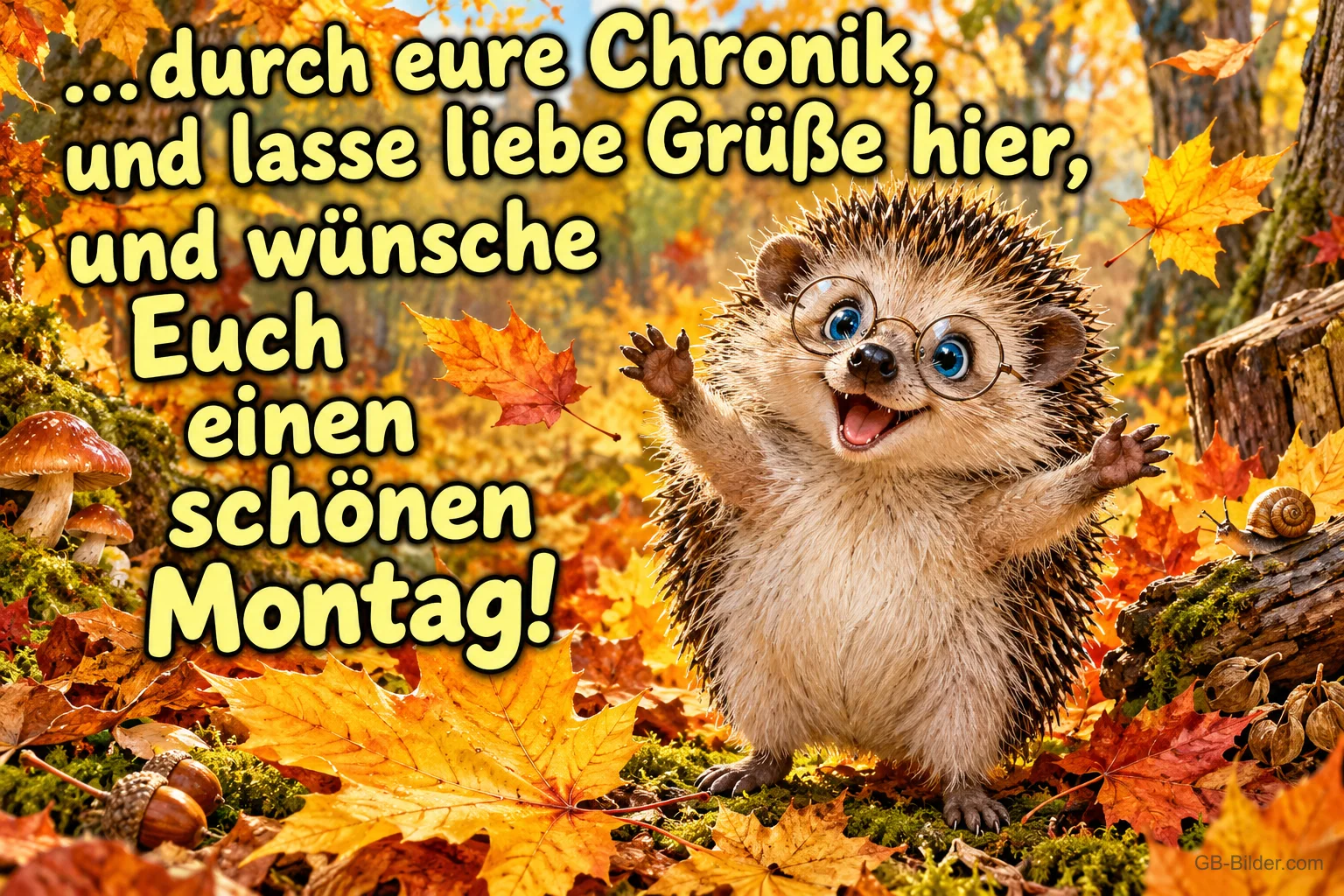 Lachender Igel mit Brille winkt zwischen bunten Herbstblättern, Text: …durch eure Chronik, und lasse liebe Grüße hier, und wünsche Euch einen schönen Montag!