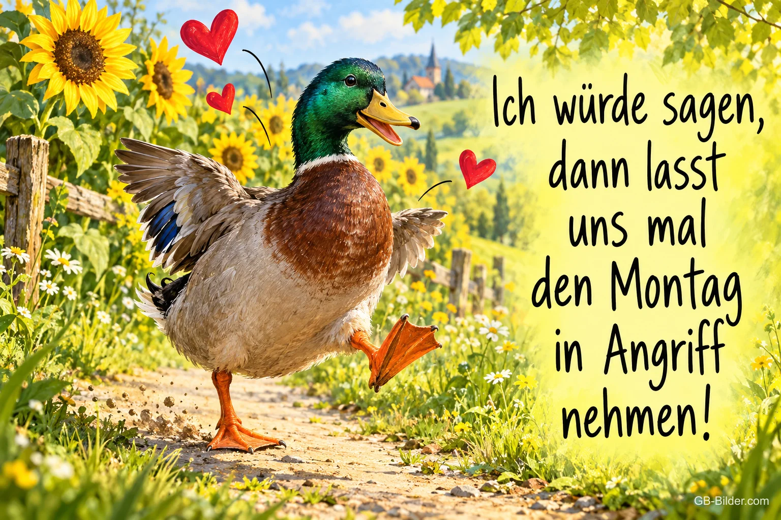 Stockente marschiert entschlossen über einen Feldweg zwischen Sonnenblumen, rote Herzen, Text: Ich würde sagen, dann lasst uns mal den Montag in Angriff nehmen!