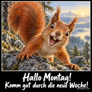 Eichhörnchen grinst mit großen Augen auf einem Felsen in den Bergen, Text: Hallo Montag! Komm gut durch die neue Woche!