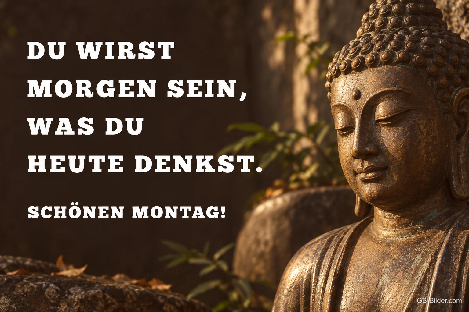 Bronzene Buddha-Statue im warmen Licht, Text: DU WIRST MORGEN SEIN, WAS DU HEUTE DENKST. SCHÖNEN MONTAG!
