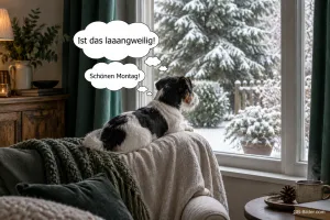 Hund liegt auf der Sofalehne und schaut in den verschneiten Garten, Text: Ist das laaangweilig! Schönen Montag!