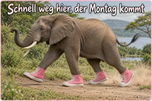 Elefant läuft mit rosa Turnschuhen durch die Savanne, Text: Schnell weg hier, der Montag kommt