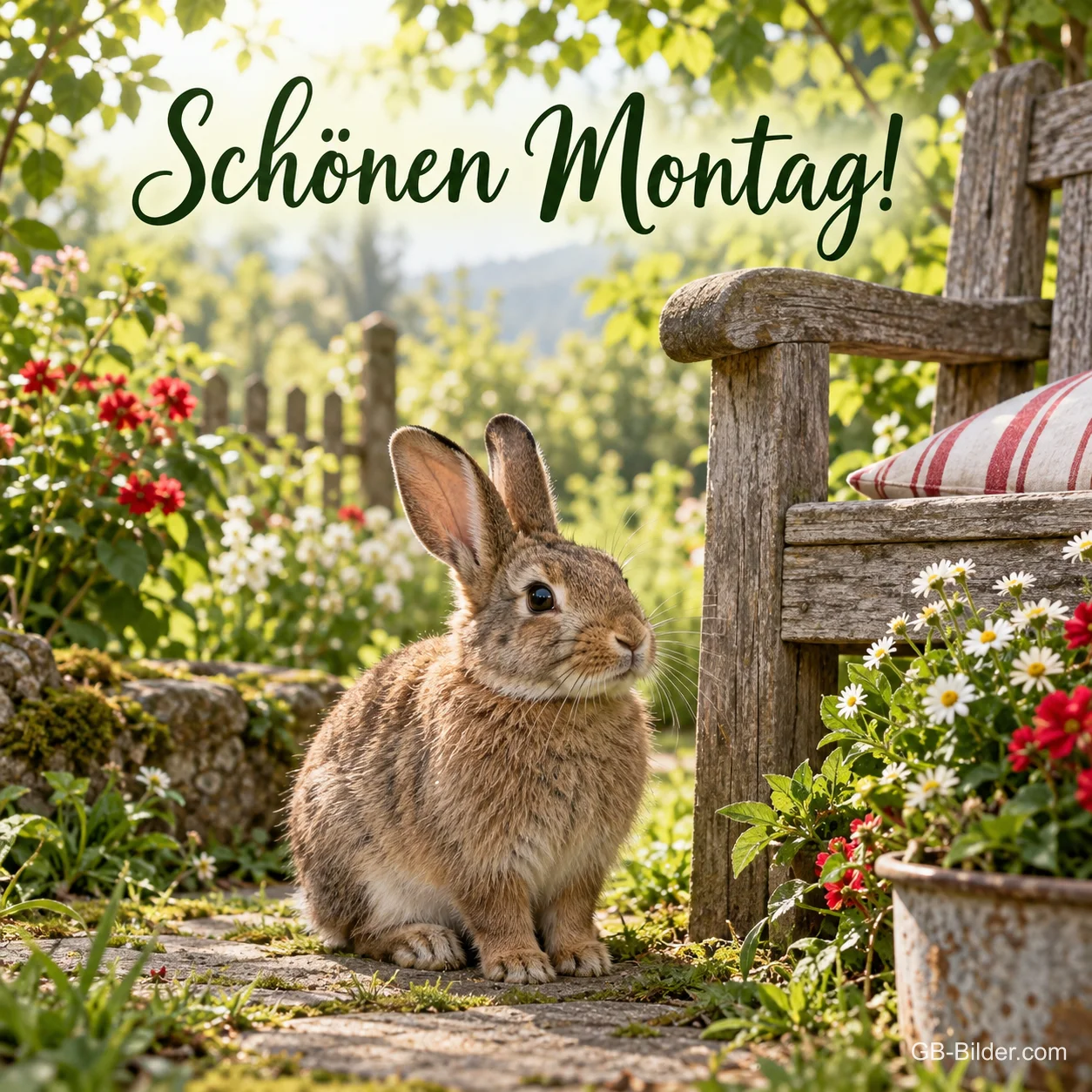 Hase sitzt neben einer Gartenbank zwischen Blumen, Text: Schönen Montag!
