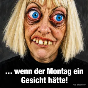 Frau mit wilden Augen und schiefen Zähnen schneidet eine Grimasse, Text: … wenn der Montag ein Gesicht hätte!