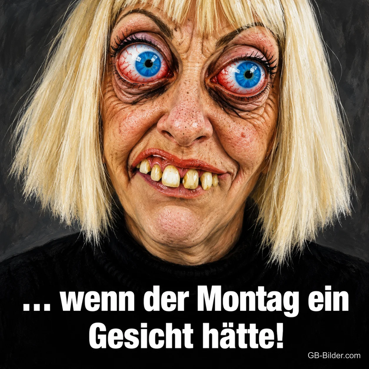 Frau mit wilden Augen und schiefen Zähnen schneidet eine Grimasse, Text: … wenn der Montag ein Gesicht hätte!