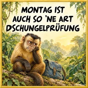 Nachdenklicher Affe mit Tasche im Dschungel, Text: Montag ist auch so ’ne Art Dschungelprüfung