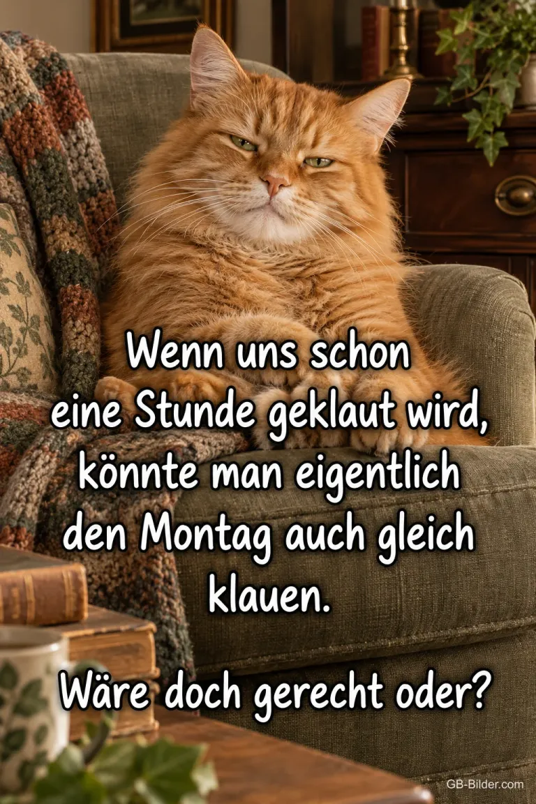 Gelangweilter roter Kater im Sessel, Text: Wenn uns schon eine Stunde geklaut wird, könnte man den Montag auch gleich klauen.