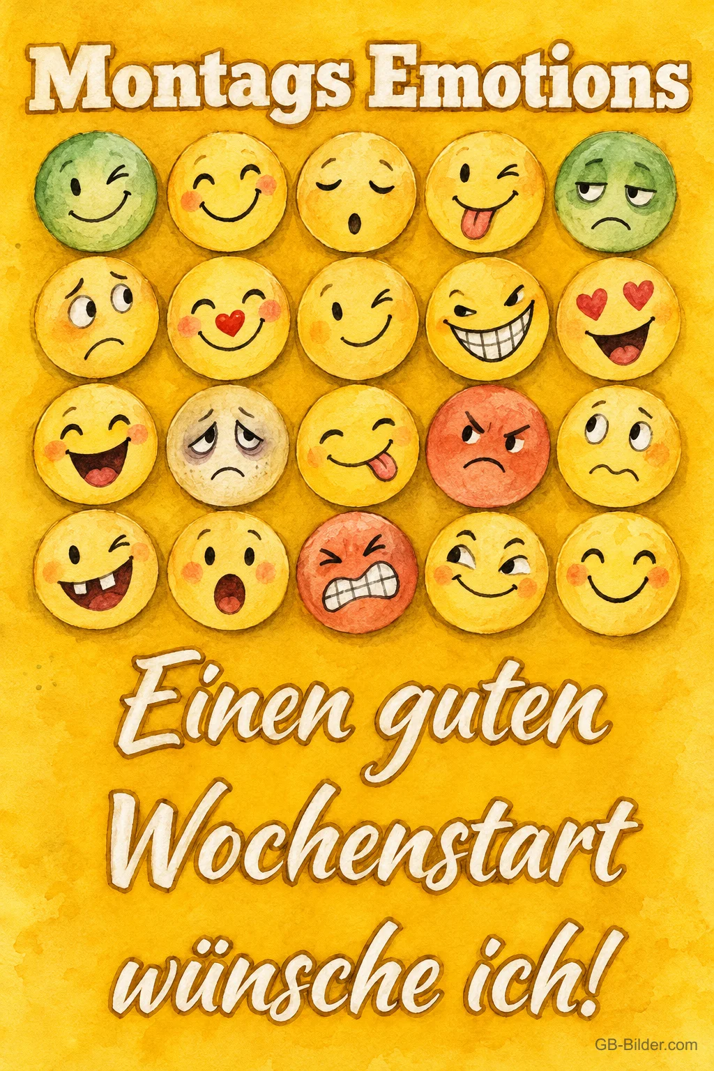 Viele gemalte Smileys mit verschiedenen Gefühlen, Text: Montags Emotions – Einen guten Wochenstart wünsche ich!
