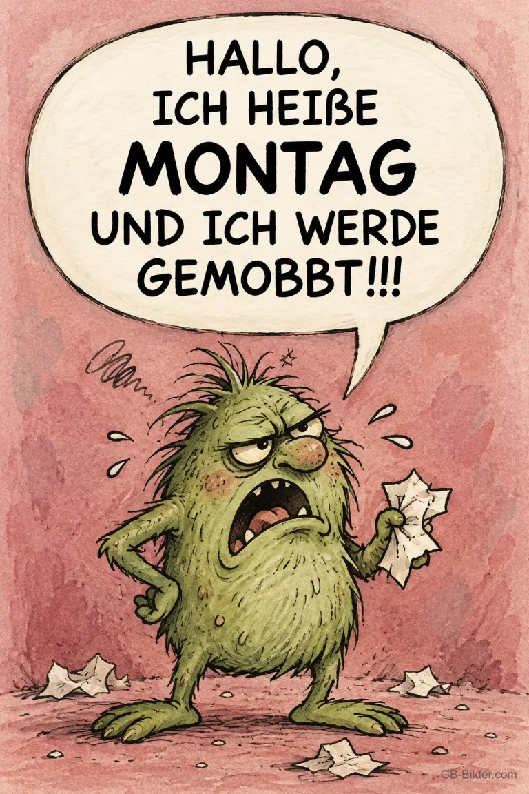 Weinendes grünes Fellmonster mit Taschentuch, Text: Hallo, ich heiße Montag und ich werde gemobbt!!!