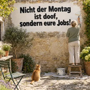 Frau malt einen Spruch an eine Hauswand im Hof, daneben eine Katze, Text: Nicht der Montag ist doof, sondern eure Jobs!