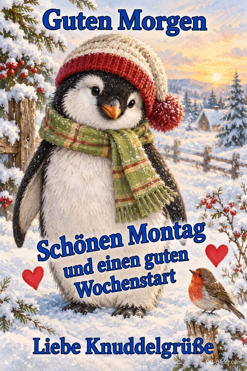 Pinguin mit Mütze und Schal im Schnee mit Rotkehlchen, Text: Guten Morgen – Schönen Montag und einen guten Wochenstart