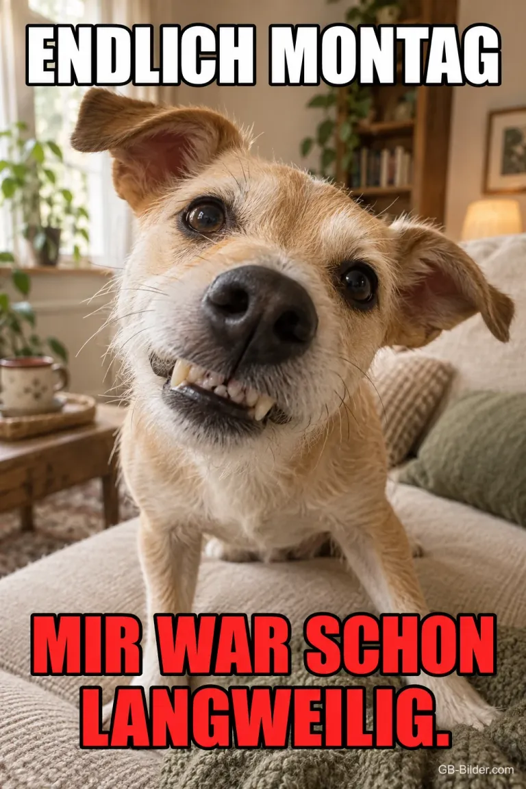 Grinsender Hund auf dem Sofa, Text: Endlich Montag – mir war schon langweilig.