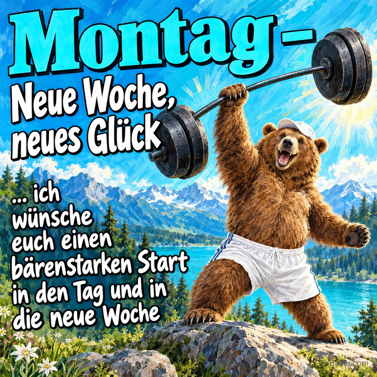 Bär stemmt eine Hantel vor einem Bergsee, Text: Montag – Neue Woche, neues Glück … ich wünsche euch einen bärenstarken Start in den Tag und in die neue Woche