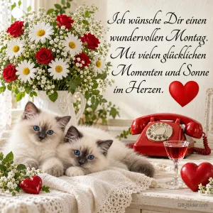 Zwei Kätzchen vor Blumenstrauß und rotem Telefon, Text: Ich wünsche dir einen wundervollen Montag.