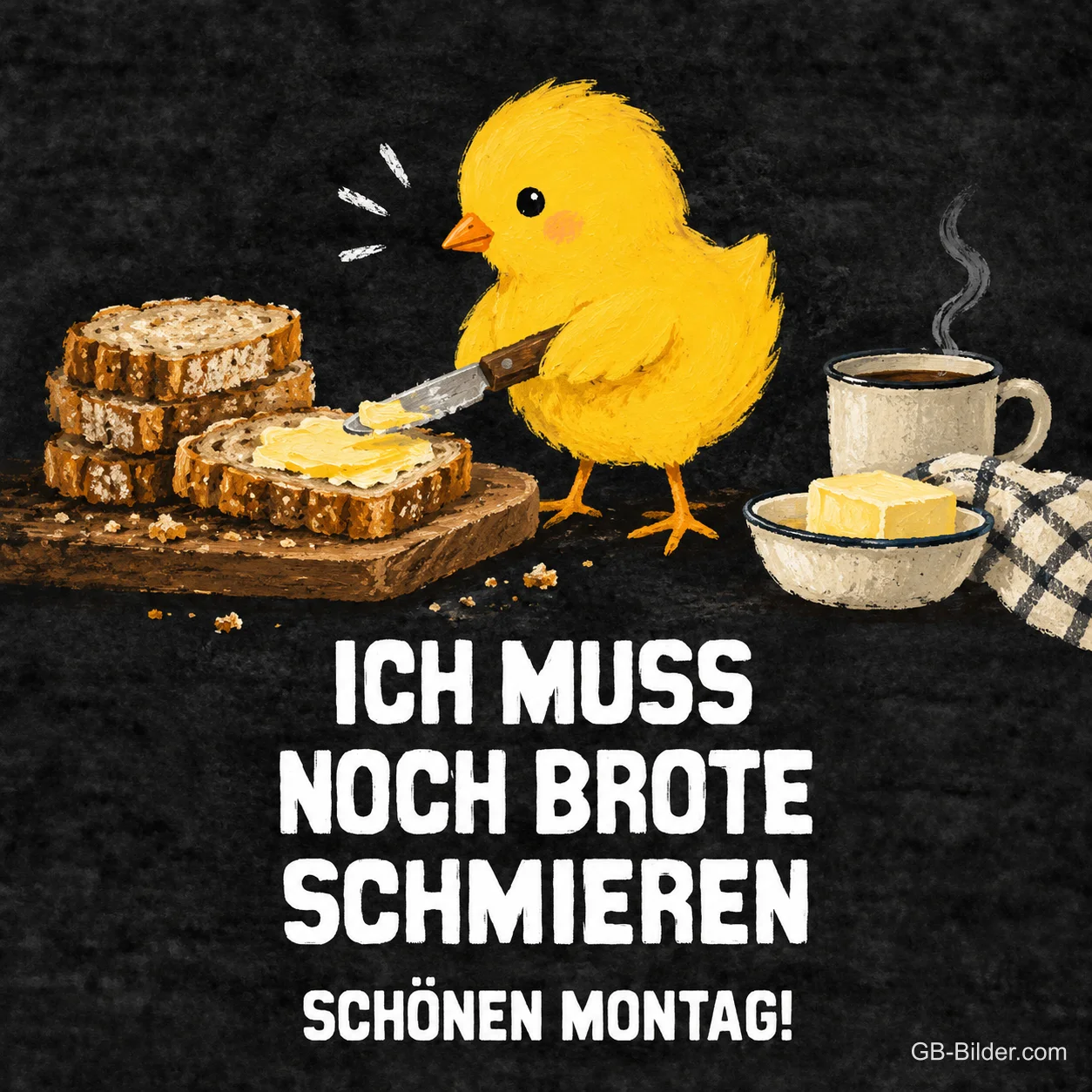 Küken schmiert Butter auf Brot, Text: Ich muss noch Brote schmieren. Schönen Montag! Küken schmiert Butter auf Brot, Text: Ich muss noch Brote schmieren. Schönen Montag!