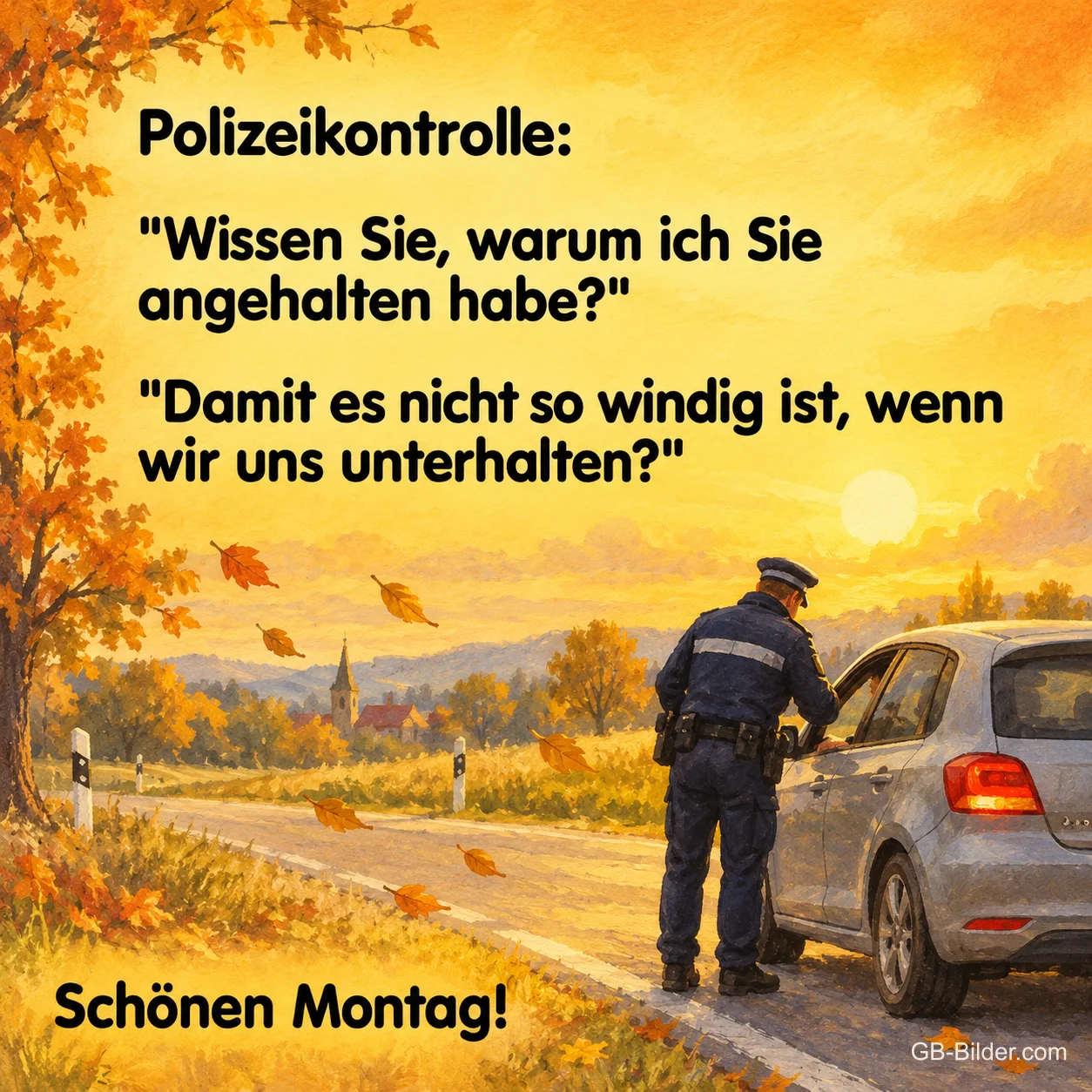 Polizist kontrolliert ein Auto an einer Landstraße, lustiger Spruch über eine Polizeikontrolle, Schönen Montag! Polizist kontrolliert ein Auto an einer Landstraße, lustiger Spruch über eine Polizeikontrolle, Schönen Montag!