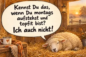 Schlafendes Schaf im Stroh, Text: Kennst du das, wenn du montags aufstehst und topfit bist? Ich auch nicht!