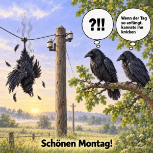 Zwei Raben neben einem Raben an der Stromleitung, lustiger Spruch: Wenn der Tag so anfängt, kannste ihn knicken. Schönen Montag!