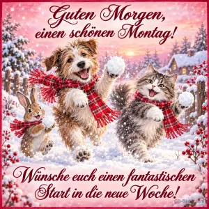 Hund, Katze und Hase mit Schals machen eine Schneeballschlacht, Text: Guten Morgen, einen schönen Montag! Wünsche euch einen fantastischen Start in die neue Woche!