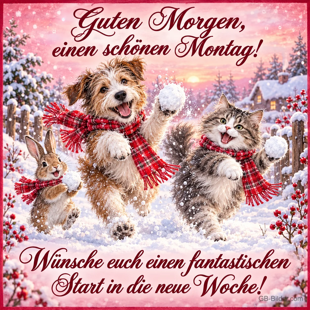 Hund, Katze und Hase mit Schals machen eine Schneeballschlacht, Text: Guten Morgen, einen schönen Montag! Wünsche euch einen fantastischen Start in die neue Woche! Hund, Katze und Hase mit Schals machen eine Schneeballschlacht, Text: Guten Morgen, einen schönen Montag! Wünsche euch einen fantastischen Start in die neue Woche!