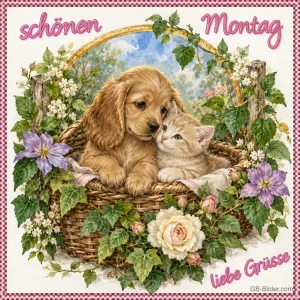 Welpe und Kätzchen im Blumenkorb, Text: Schönen Montag – liebe Grüße