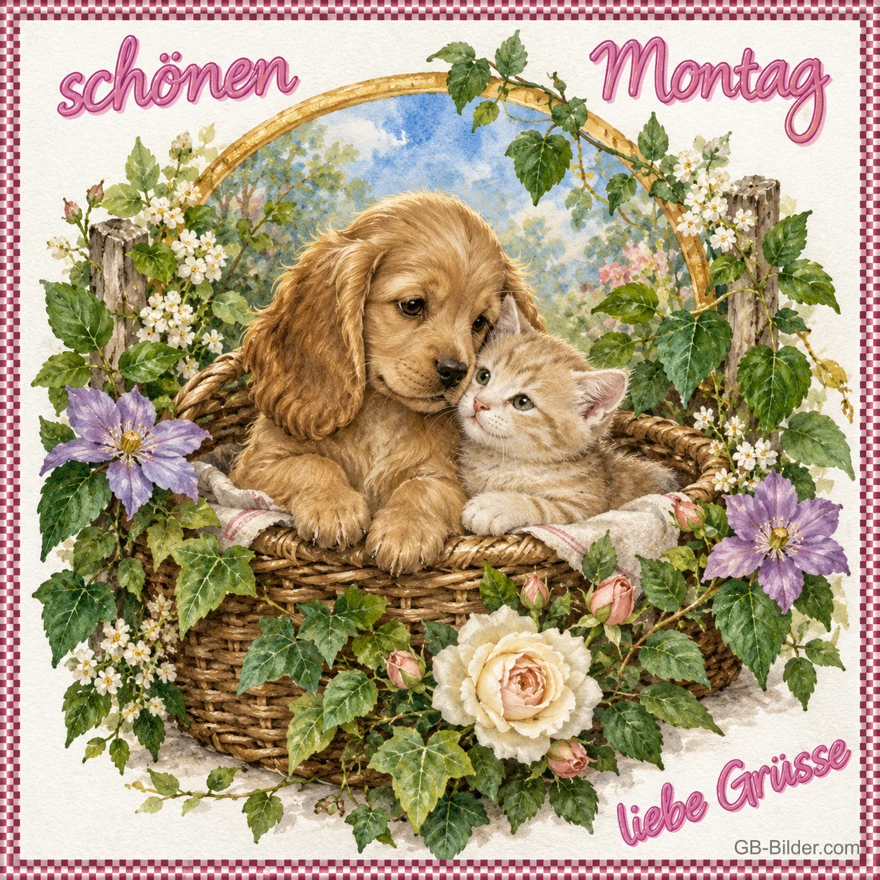 Welpe und Kätzchen im Blumenkorb, Text: Schönen Montag – liebe Grüße