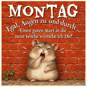 Gähnender Hamster vor einer Backsteinmauer, Text: Montag – Egal, Augen zu und durch. Einen guten Start in die neue Woche!