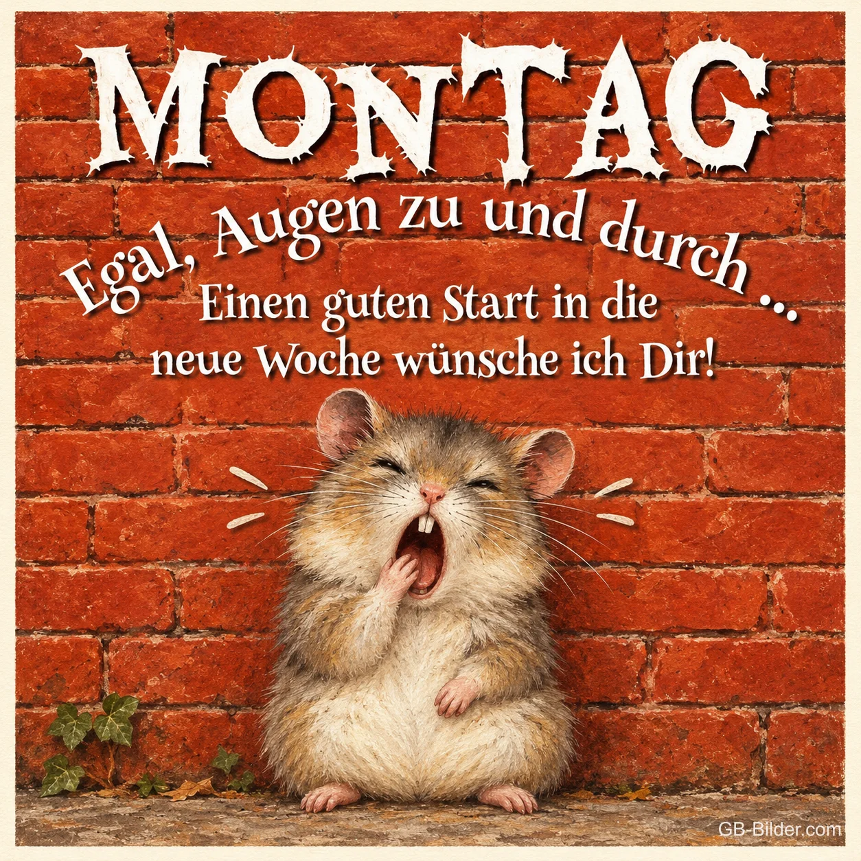 Gähnender Hamster vor einer Backsteinmauer, Text: Montag – Egal, Augen zu und durch. Einen guten Start in die neue Woche!