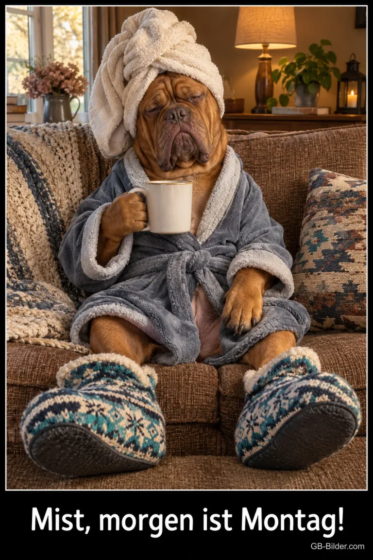 Hund mit Handtuchturban und Bademantel sitzt mit Tasse auf dem Sofa, Text: Mist, morgen ist Montag!