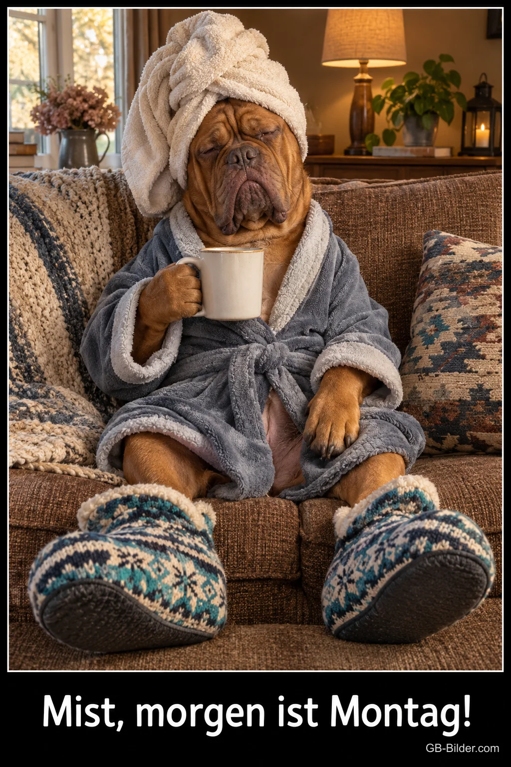 Hund mit Handtuchturban und Bademantel sitzt mit Tasse auf dem Sofa, Text: Mist, morgen ist Montag!