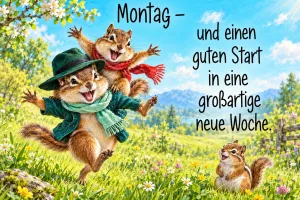 Zwei Streifenhörnchen mit Hut und Schal springen über eine Wiese, Text: Montag – und einen guten Start in eine großartige neue Woche.