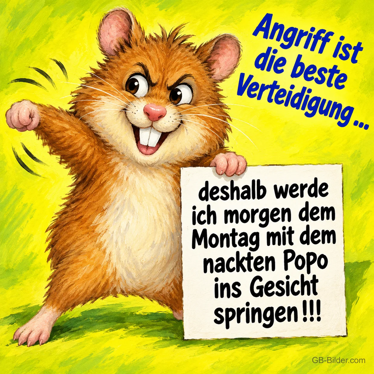 Entschlossener Hamster hält ein Schild, Text: Angriff ist die beste Verteidigung … deshalb werde ich morgen dem Montag mit dem nackten Popo ins Gesicht springen!!!