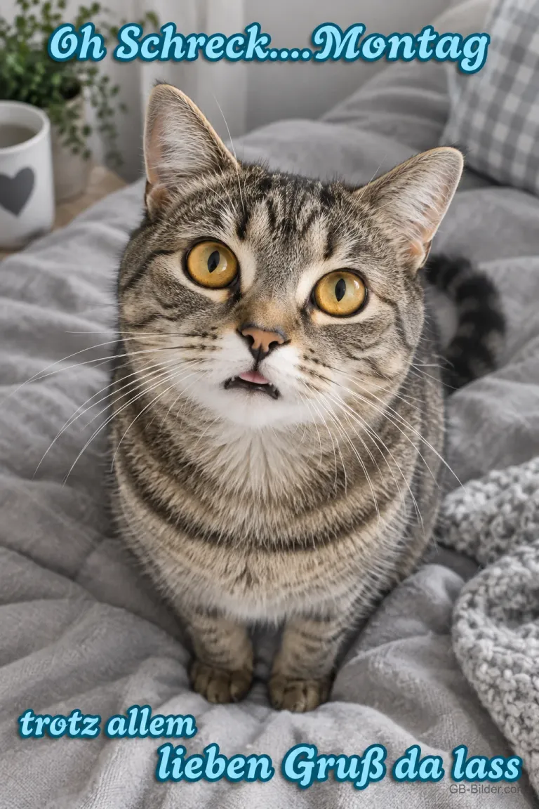 Erschrockene Katze auf dem Bett, Text: Oh Schreck … Montag – trotz allem lieben Gruß da lass