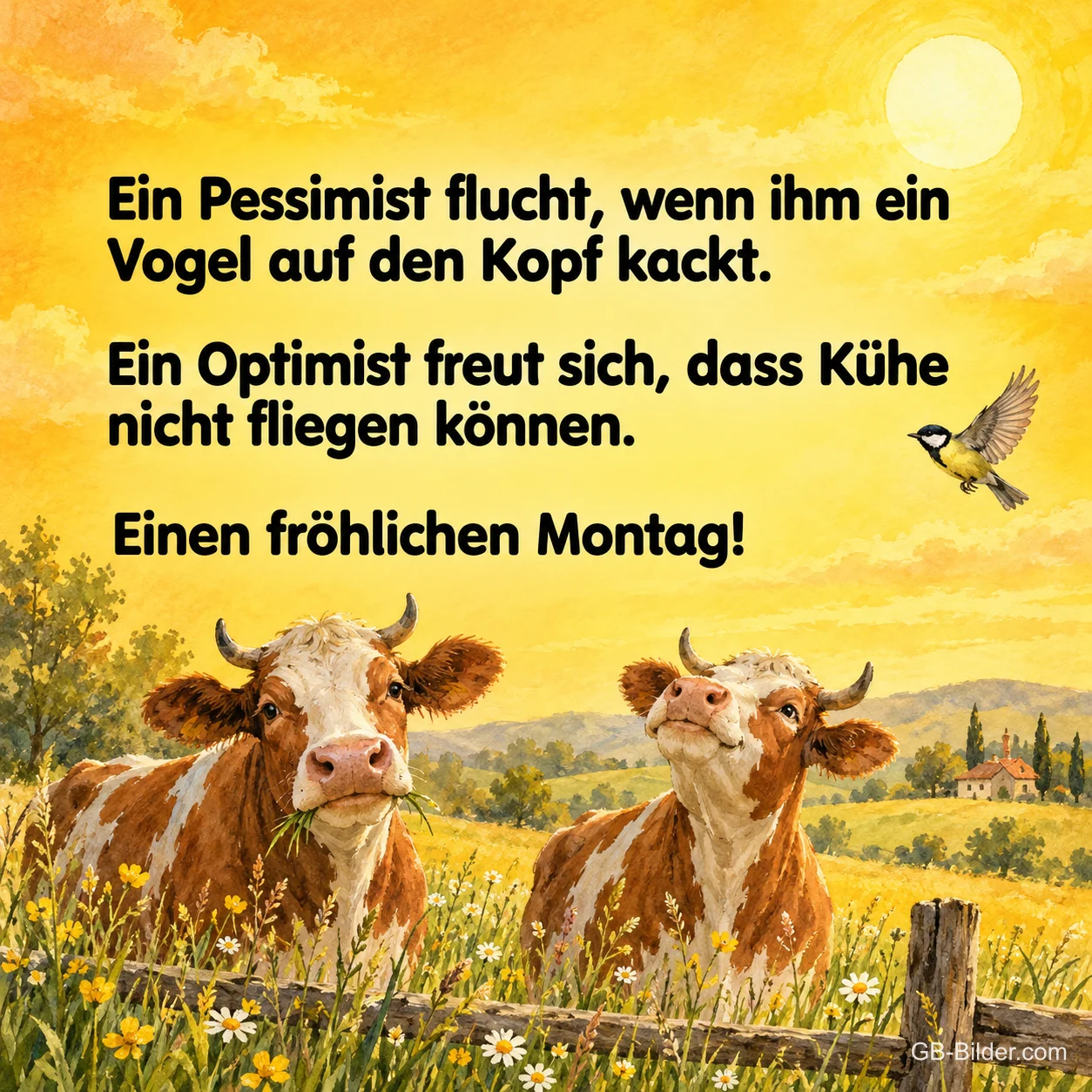 Zwei Kühe auf einer sonnigen Weide, lustiger Spruch über Pessimisten und Optimisten, Einen fröhlichen Montag!