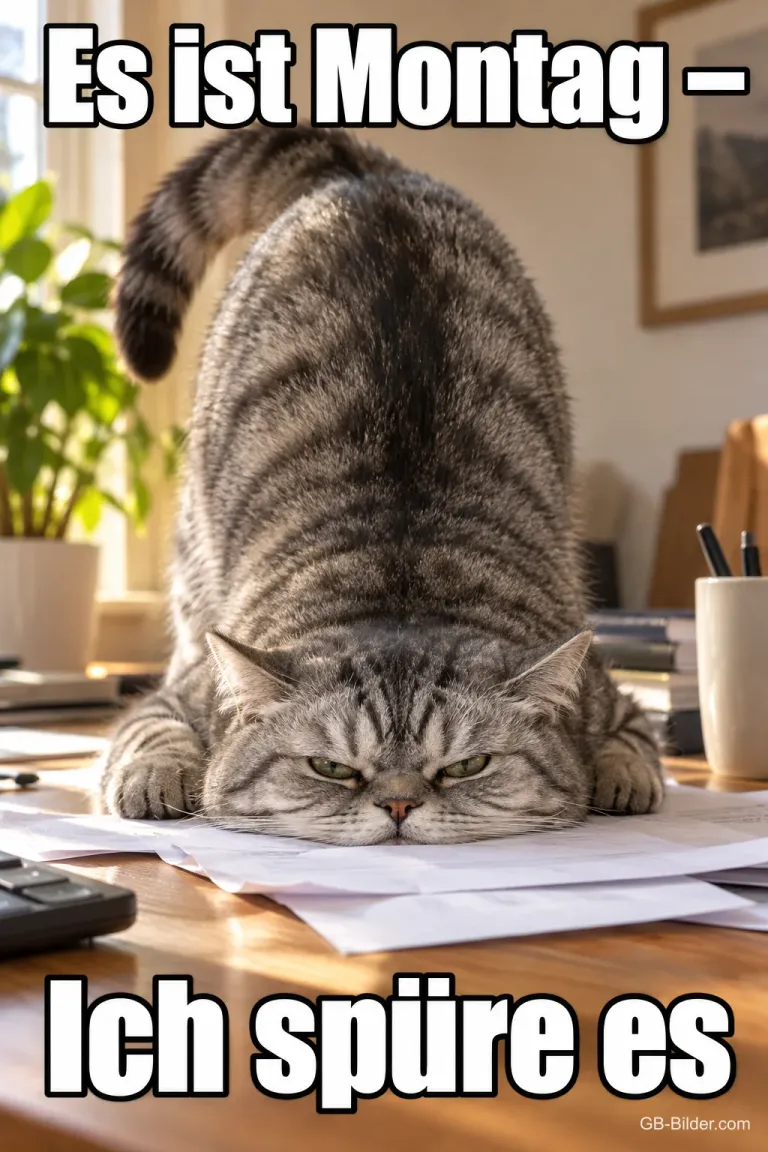 Graue Katze liegt erschöpft auf Papieren am Schreibtisch, Text: Es ist Montag – Ich spüre es